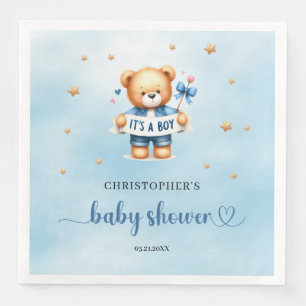 Cute teddy bear with ribbon it's a boy baby shower napkin