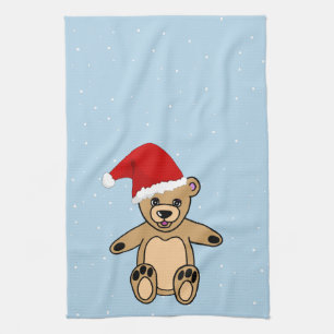 Cute Teddy Bear with Santa Hat Blue Christmas Kitchen Towel