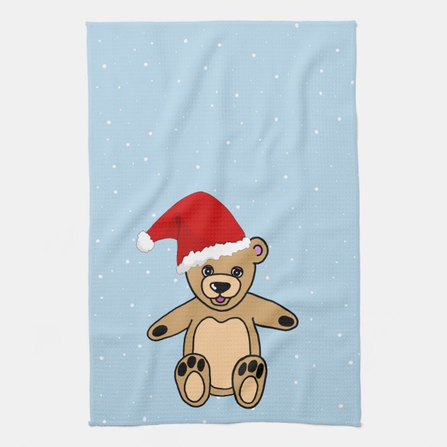 Cute Teddy Bear with Santa Hat Blue Christmas  Kitchen Towel (Vertical)