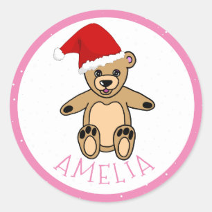 Cute Teddy Bear with Santa Hat Christmas Ki Classic Round Sticker