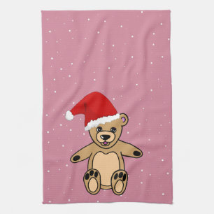Cute Teddy Bear with Santa Hat Pink Christmas Kitchen Towel