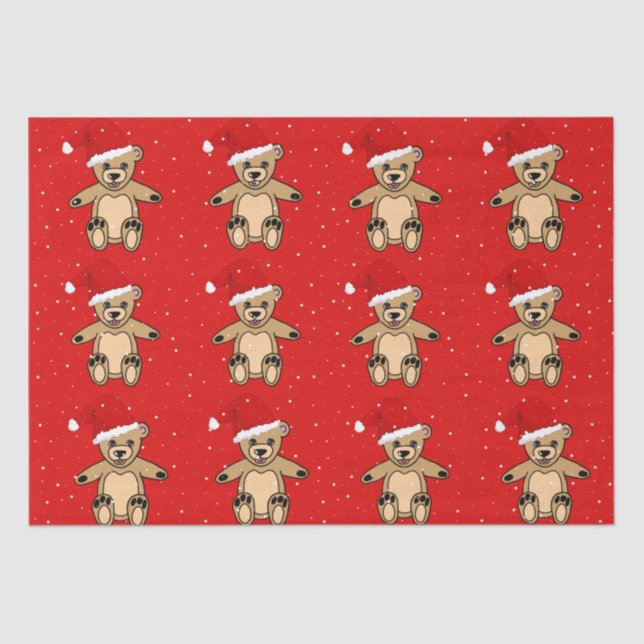 Cute Teddy Bear with Santa Hat Red Christmas Tissue Paper (Front)