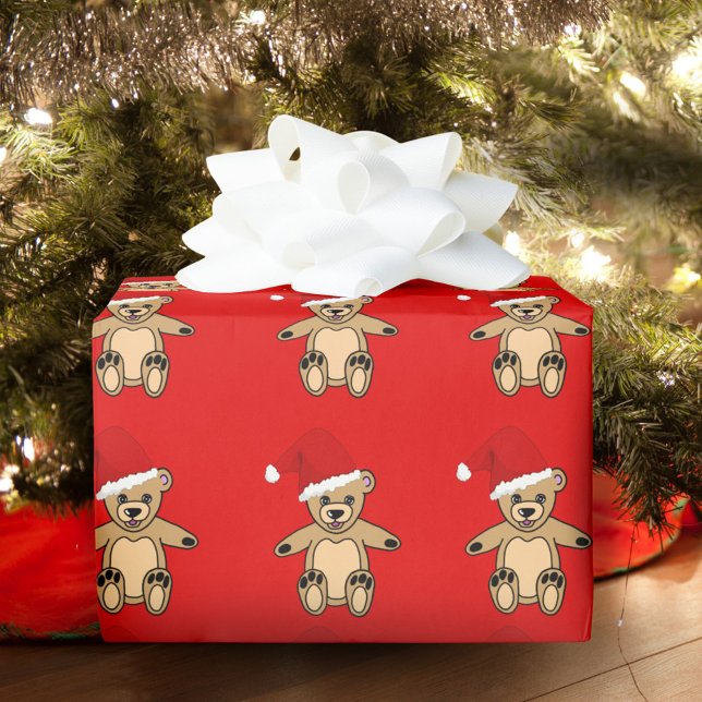 Cute Teddy Bear with Santa Hat Red Christmas Wrapping Paper (Creator Uploaded)