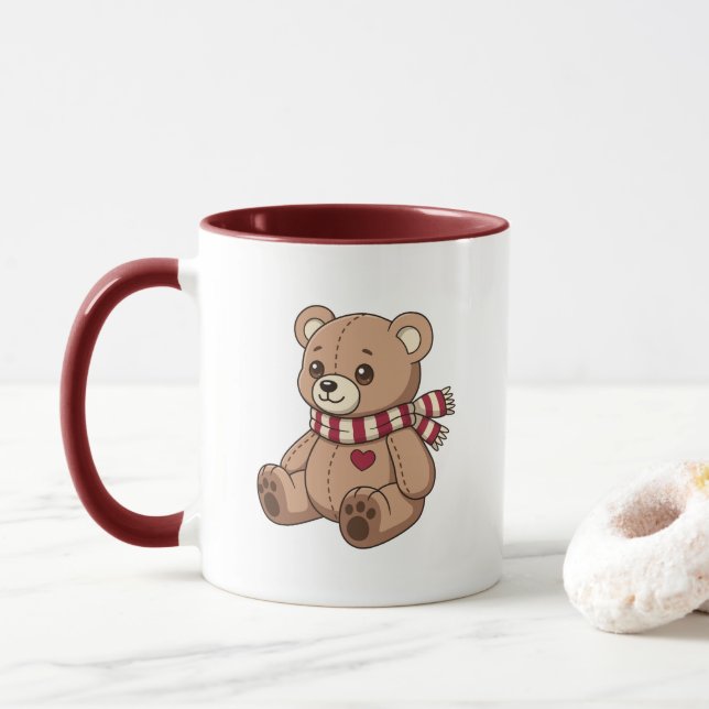 Cute Teddy Bear with Striped Scarf Mug (With Donut)