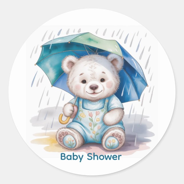 Cute Teddy Bear With Umbrella Boy Baby Shower Classic Round Sticker (Front)