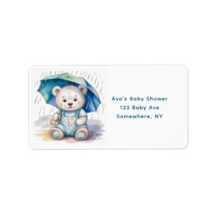 Cute Teddy Bear With Umbrella Boy Baby Shower Label