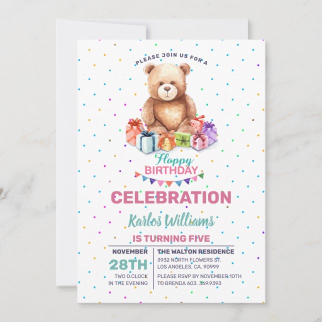 Cute Teddy-Bear with wrapped present watercolors Holiday Card (Front)