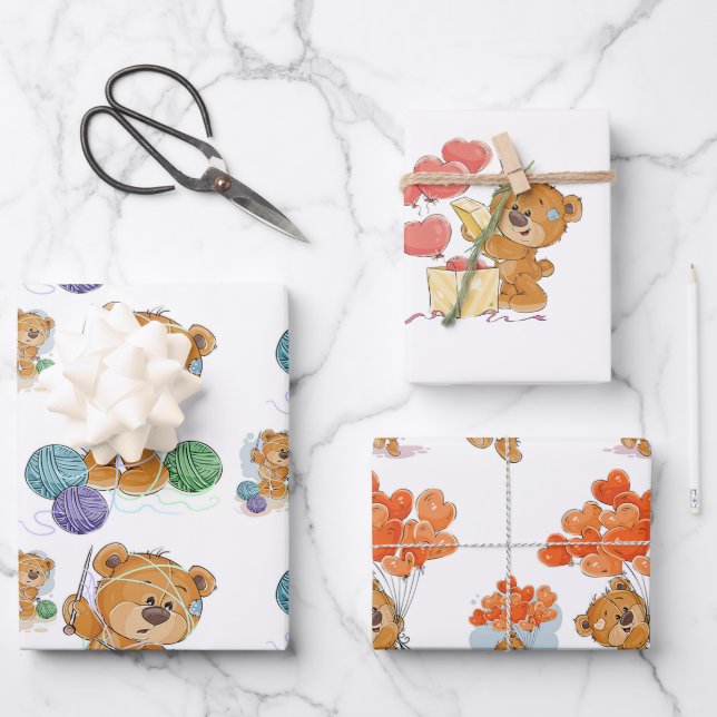 Cute teddy bear Wrapping Paper Flat Sheet Set of 3 (Front)