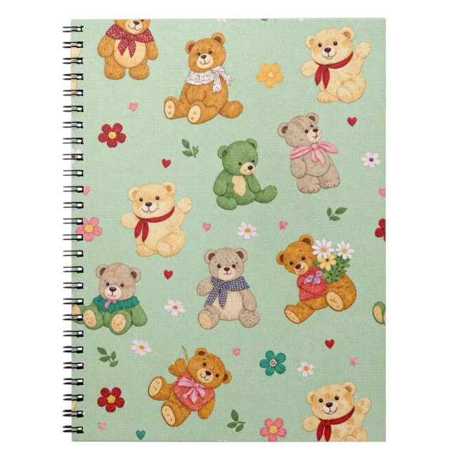 Cute Teddy Bears and Flowers on Mint Green Pattern Notebook (Front)