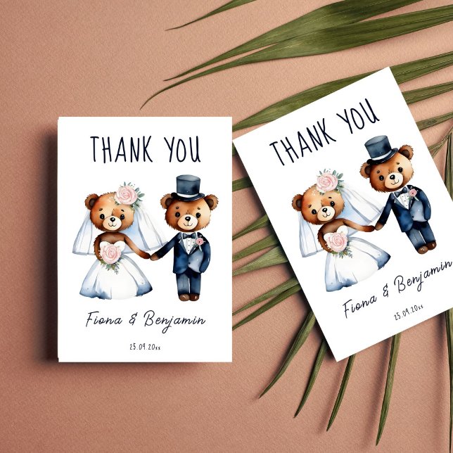 Cute teddy bears bridal couple wedding thank you (Cute whimsical funny teddy bears dressed as bride and groom wedding thank you card template)