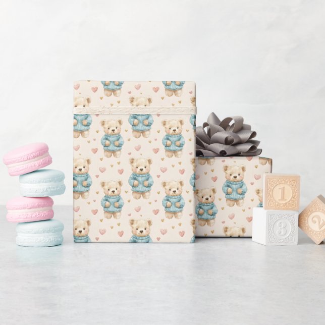 Cute Teddy Bears in Blue Sweaters Wrapping Paper (Baby Shower)
