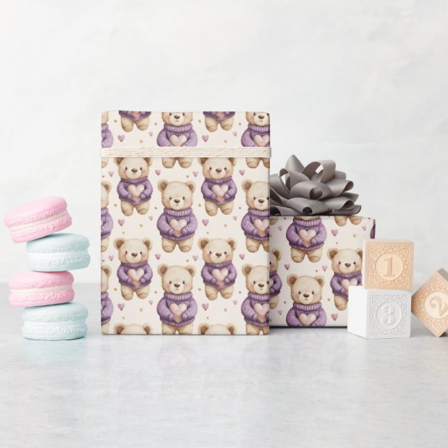 Cute Teddy Bears in Purple Sweaters Wrapping Paper (Baby Shower)