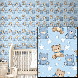 Cute Teddy Bears & Stars on Soft Blue Wallpaper