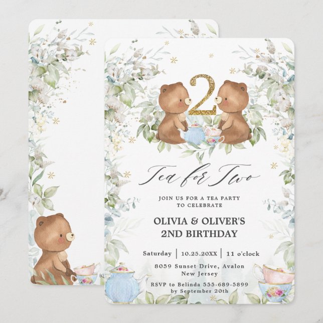 Cute Teddy Bears Tea for Two 2nd Birthday Party Invitation (Front/Back)