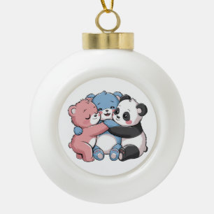 Cute Teddy Bears with Panda Ceramic Ball Christmas Ornament