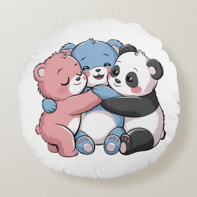 Cute Teddy Bears with Panda Round Pillow (Front)
