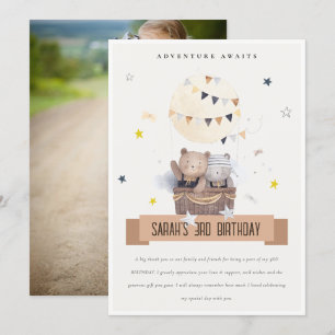 Cute Teddy Hot Air Balloon Kids Photo Birthday Thank You Card