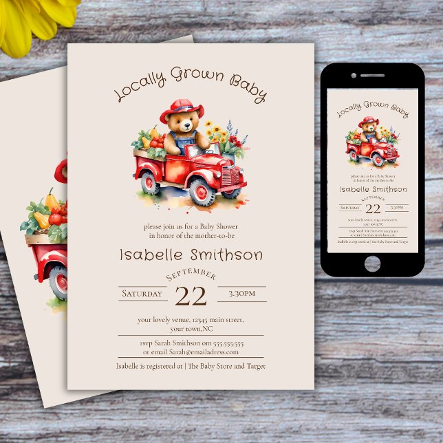 Cute Teddy Locally Grown Baby Shower Red Pickup Invitation (Creator Uploaded)