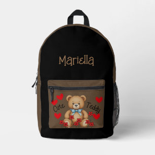 Cute Teddy Personalized your name black brown Printed Backpack