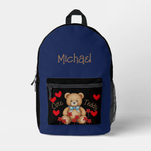 Cute Teddy Personalized Your Name Blue Printed Backpack