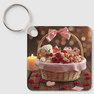 Cute Teddy Rose Basket Romantic Valentine Heart Keychain