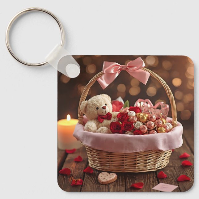Cute Teddy Rose Basket Romantic Valentine Heart Keychain (Front)