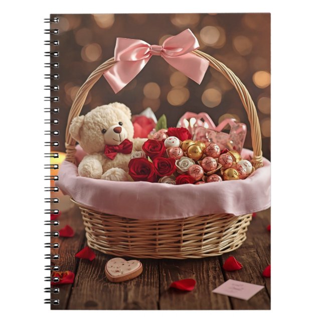 Cute Teddy Rose Basket Valentine Daily Gratitude Notebook (Front)