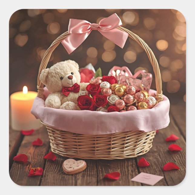 Cute Teddy Rose Basket Valentine Heart Square Sticker (Front)