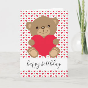 Cute Teddy with Heart Personalized Baby Birthday Card