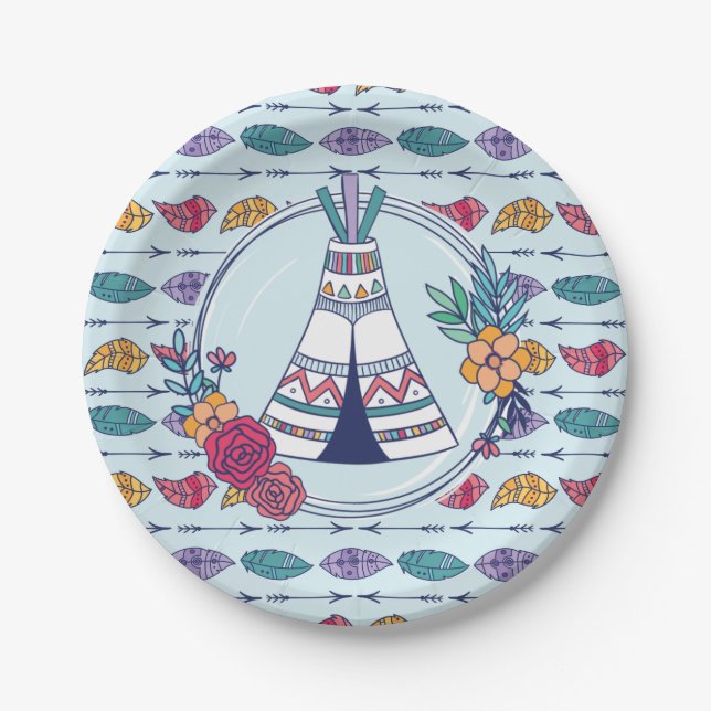 Cute Teepee Boho Tribal Birthday Paper Plate (Front)