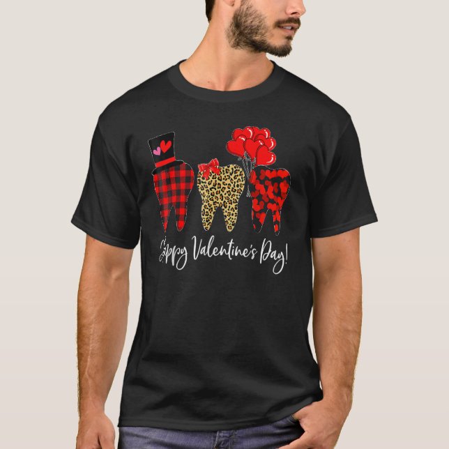 Cute Teeth Plaid Leopard Happy Valentines Day Dent T-Shirt (Front)