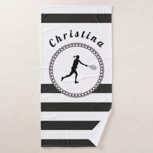 Cute Tennis Girl Black & White Personalized Player Bath Towel Set