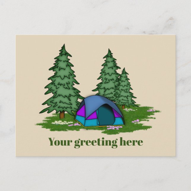 Cute tent camping add greeting postcard (Front)