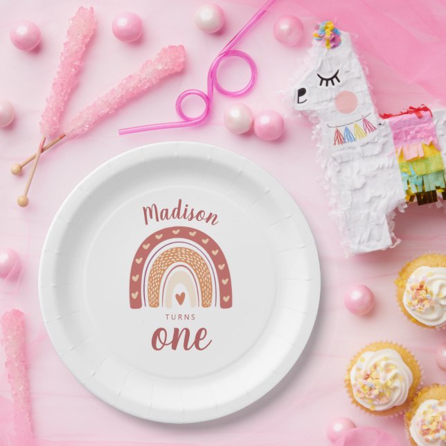 Cute Terracotta Rainbow Boho First Birthday Paper Plate (Party)