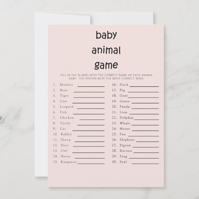 Cute Text Baby Shower Baby Animal Game Pink Invitation (Front)