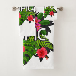 Cute text Hibiscus green, pink and white modern Bath Towel Set