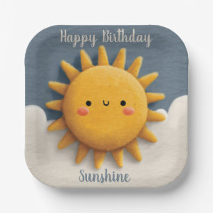 Cute Textured Sun with a Smiling Face and Text Paper Plate