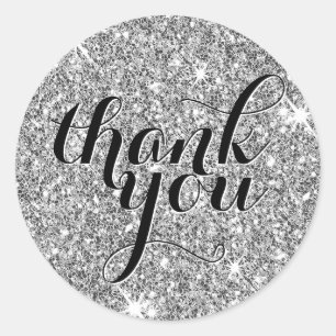 CUTE THANK YOU modern simple glitter silver black Classic Round Sticker