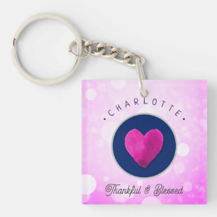 Cute Thankful and Blessed Heart Add Your Name Pink Keychain