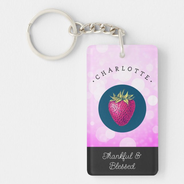 Cute Thankful and Blessed Strawberry Add Your Name Keychain (Front)