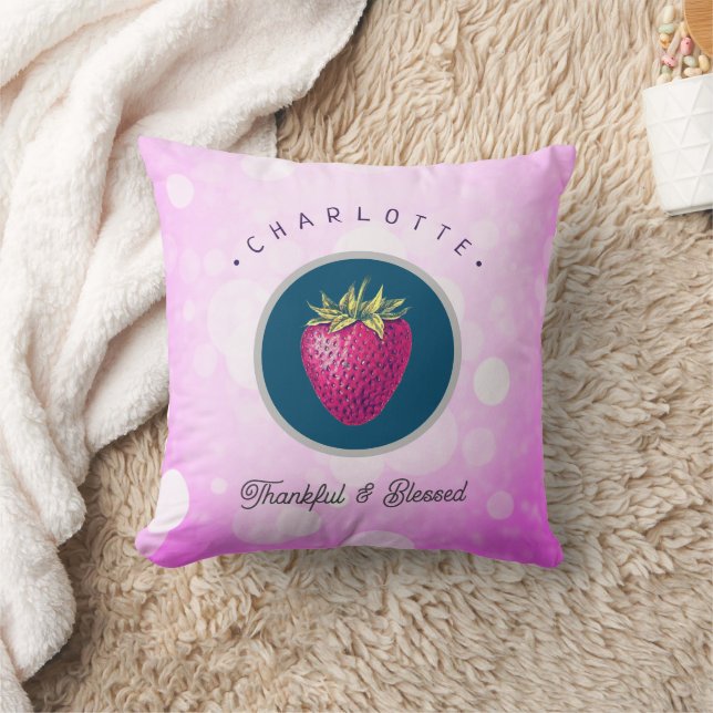 Cute Thankful and Blessed Strawberry Add Your Name Throw Pillow (Blanket)