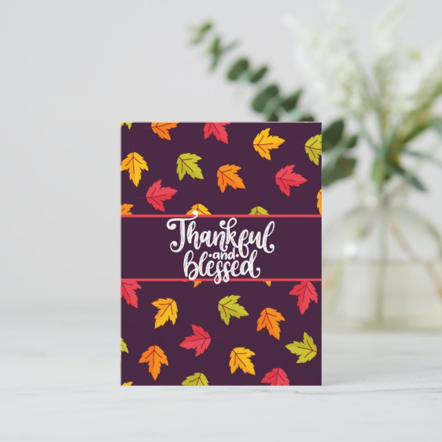 Cute Thankful and Blessed with Colourful Leaves  Holiday Postcard (Standing Front)