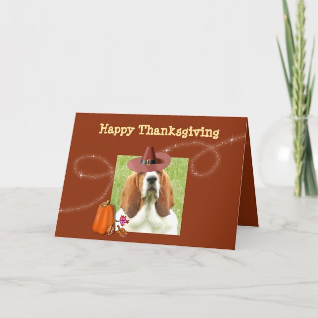 Cute Thanksgiving Card w/Basset, Pumpkin, & Pie (Front)