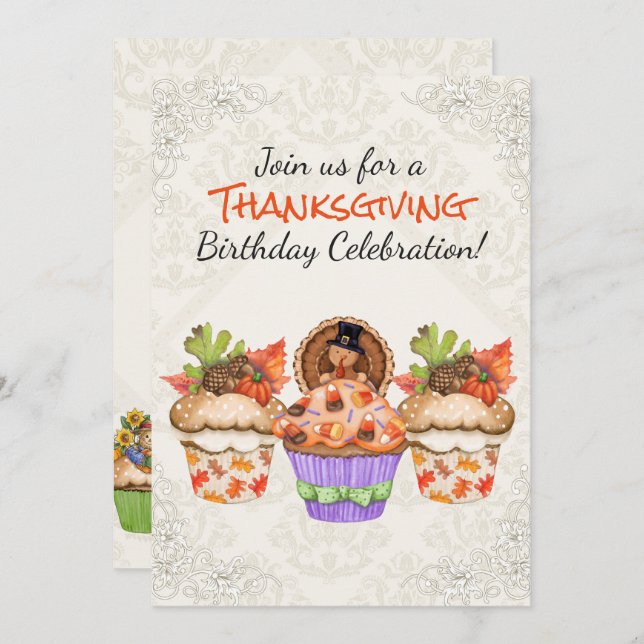 Cute Thanksgiving Cupcakes Birthday Invitation (Front/Back)