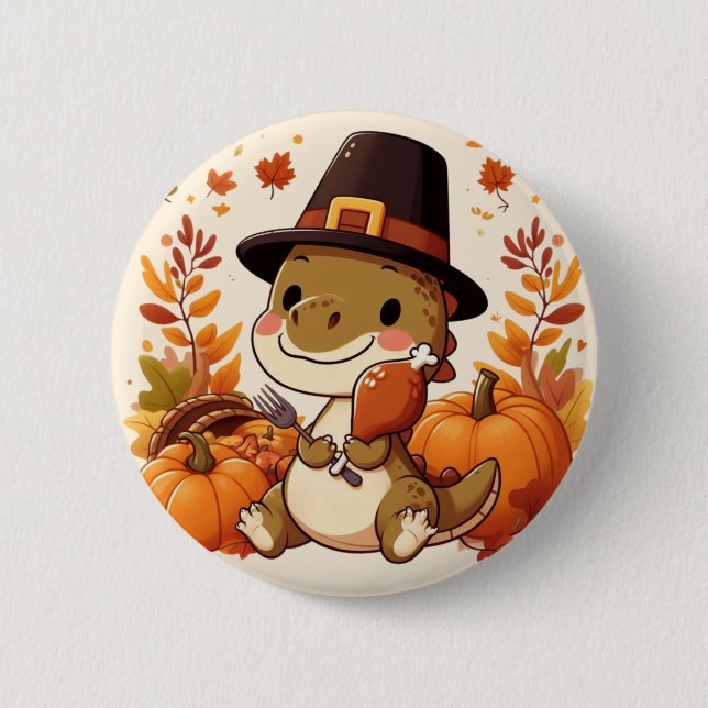 Cute Thanksgiving Dinosaur 2 Inch Round Button (Front)