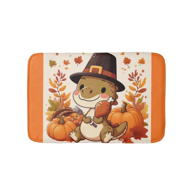 Cute Thanksgiving Dinosaur Bath Mat (Front)