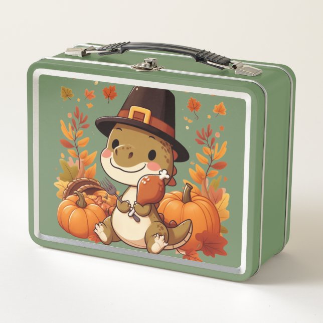 Cute Thanksgiving Dinosaur Metal Lunch Box (Front)