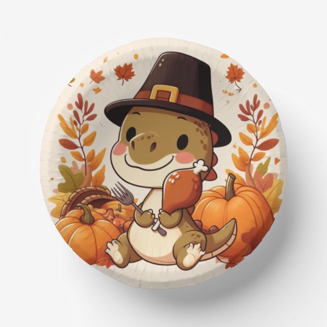 Cute Thanksgiving Dinosaur Paper Plate (Front)