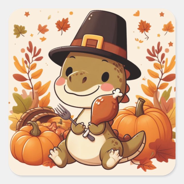 Cute Thanksgiving Dinosaur Square Sticker (Front)