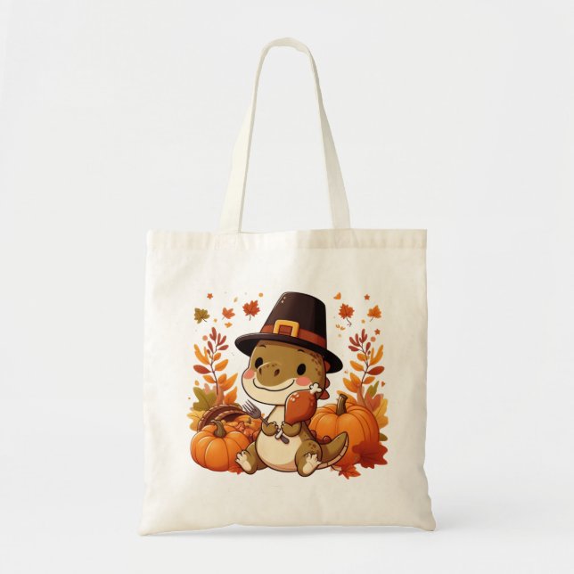 Cute Thanksgiving Dinosaur Tote Bag (Front)